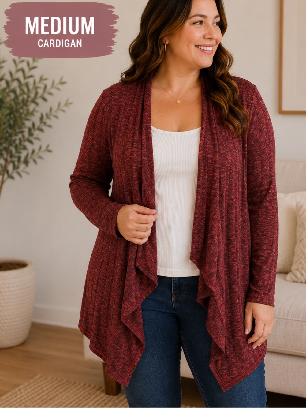 Rebecca Malone Open-Front Heathered Rust Cardigan MEDIUM